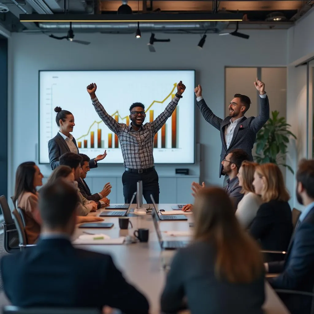 Equipo celebrando éxito empresarial